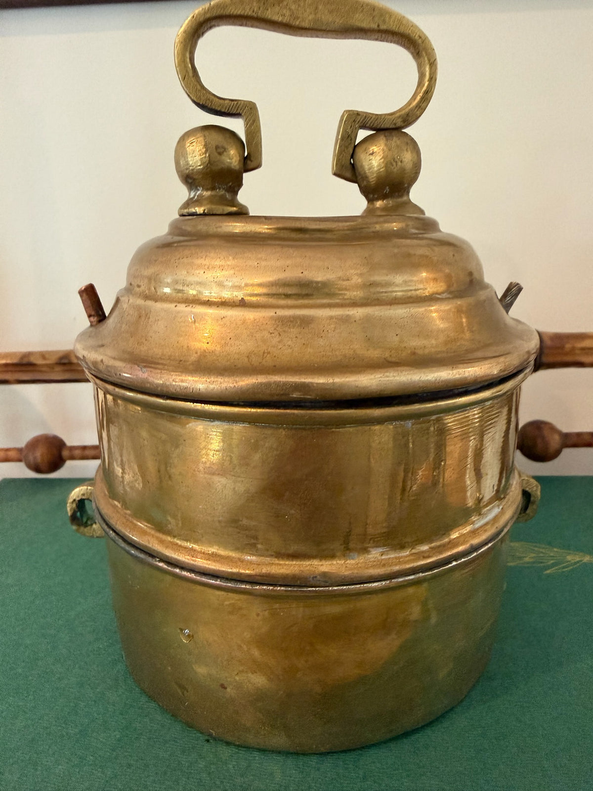 Vintage Indian Handcrafted Solid Brass 2-Tier Tiffin Box – Rustic Shelf & Kitchen Display Piece