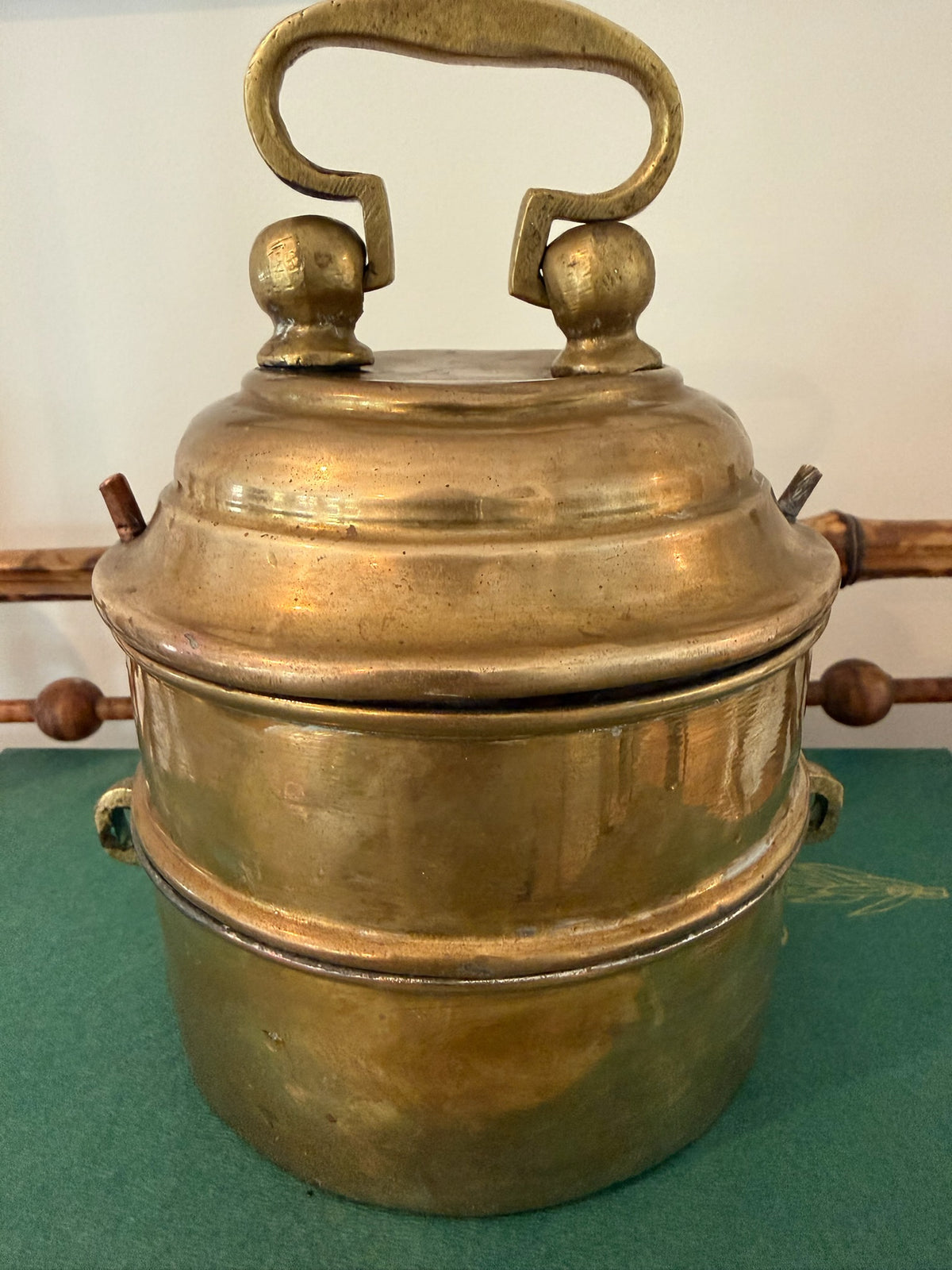 Vintage Indian Handcrafted Solid Brass 2-Tier Tiffin Box – Rustic Shelf & Kitchen Display Piece