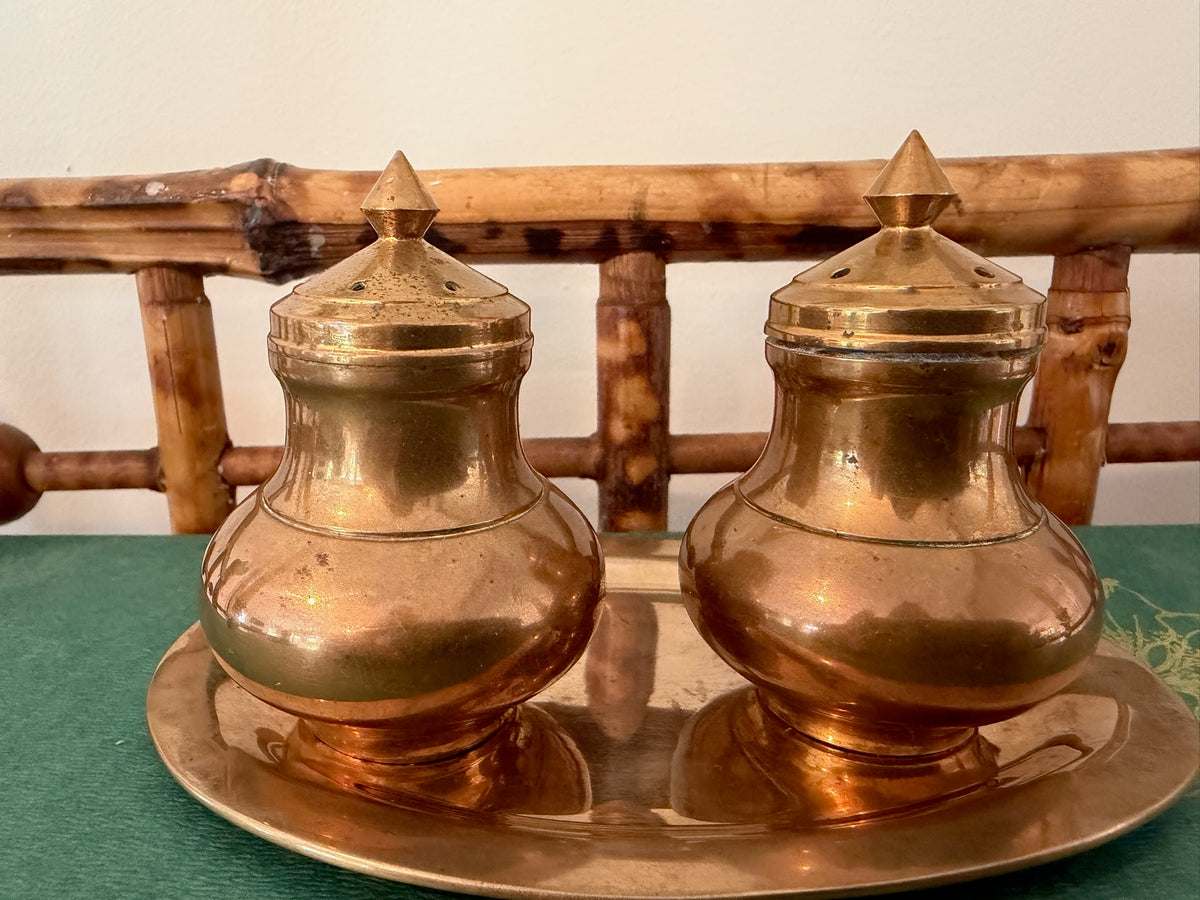 Vintage Thailand Copper & Brass Salt and Pepper Shakers Set with Matching Serving Tray – 3-Piece Set