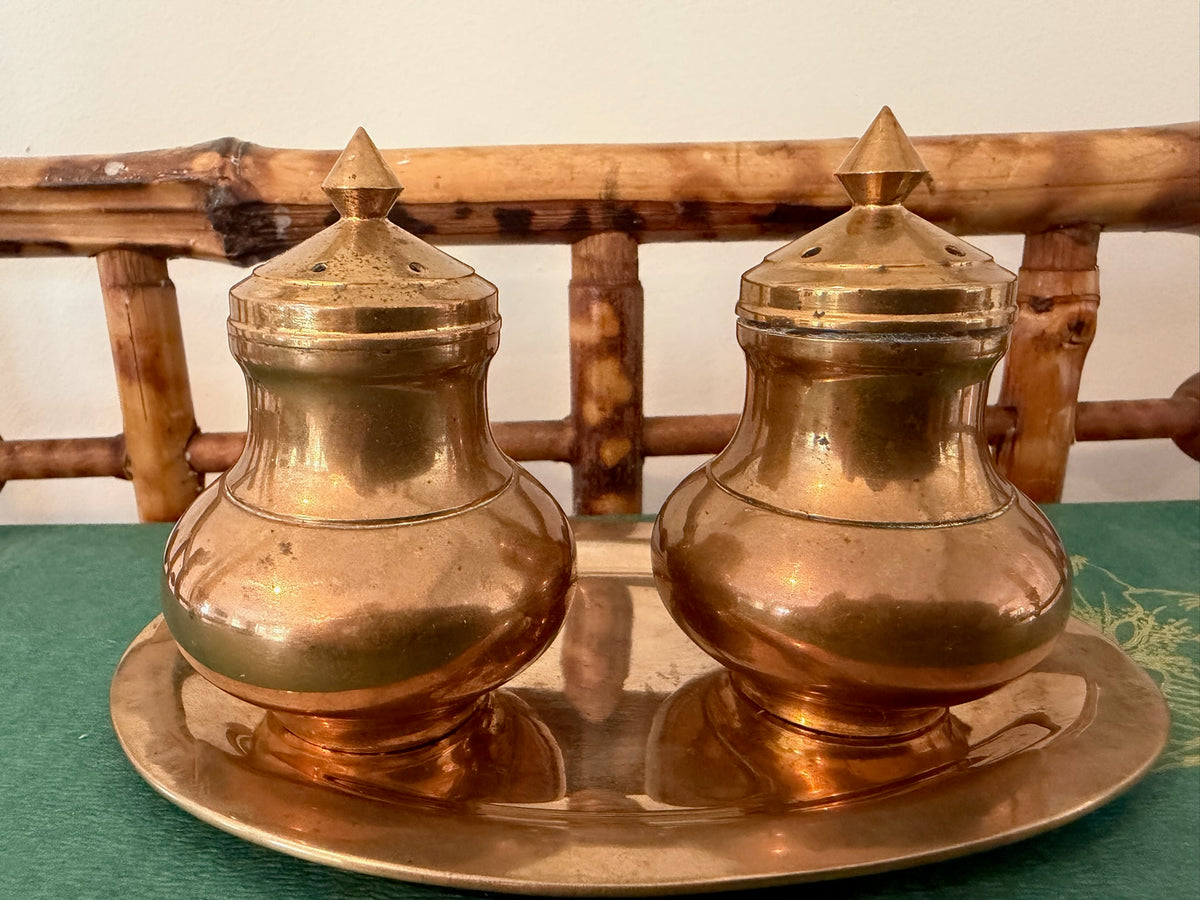 Vintage Thailand Copper & Brass Salt and Pepper Shakers Set with Matching Serving Tray – 3-Piece Set
