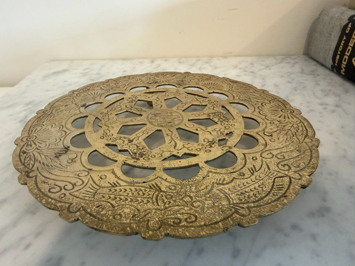 Vintage 6.5" Japanese Brass Teapot Trivet, Double Happiness Asian Riser, Japan Mark