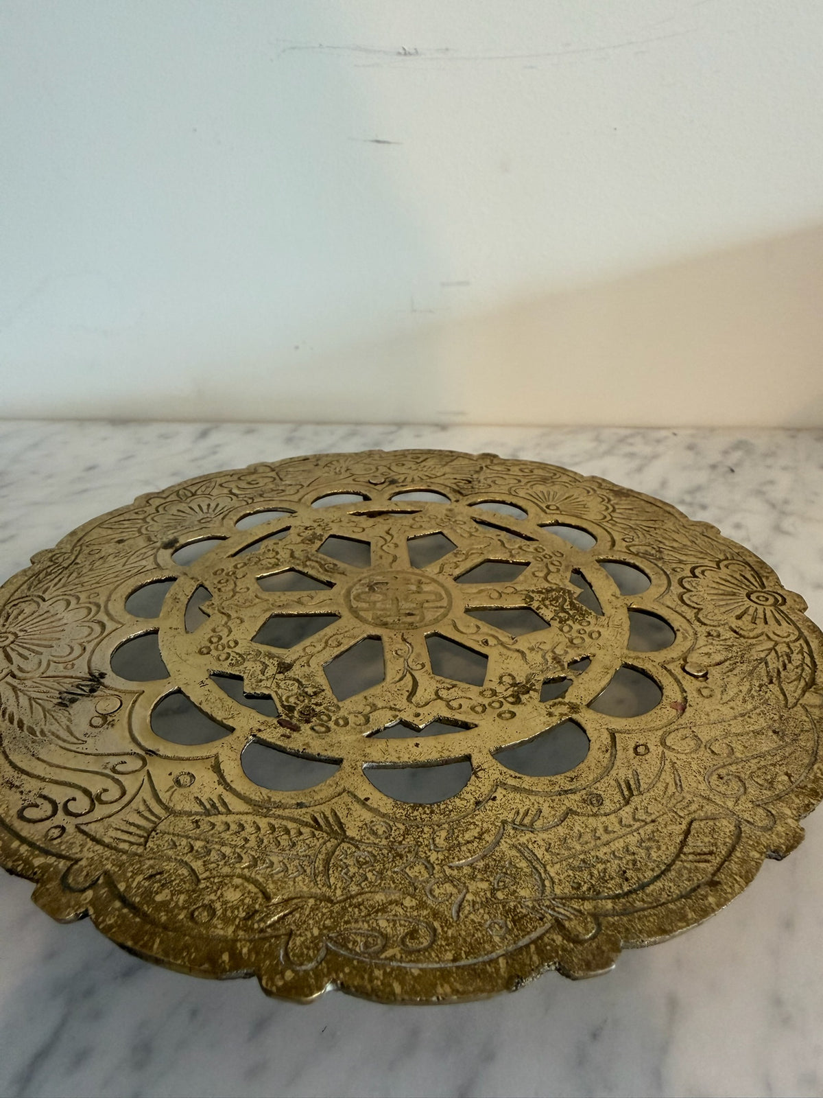 Vintage 6.5" Japanese Brass Teapot Trivet, Double Happiness Asian Riser, Japan Mark