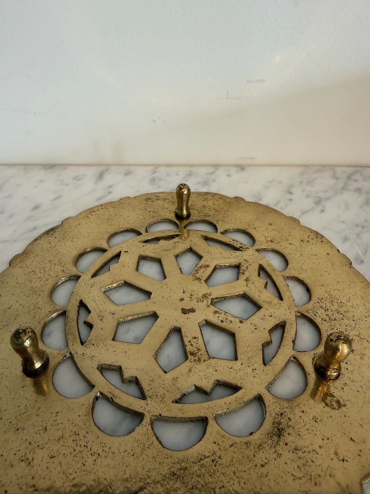 Vintage 6.5" Japanese Brass Teapot Trivet, Double Happiness Asian Riser, Japan Mark