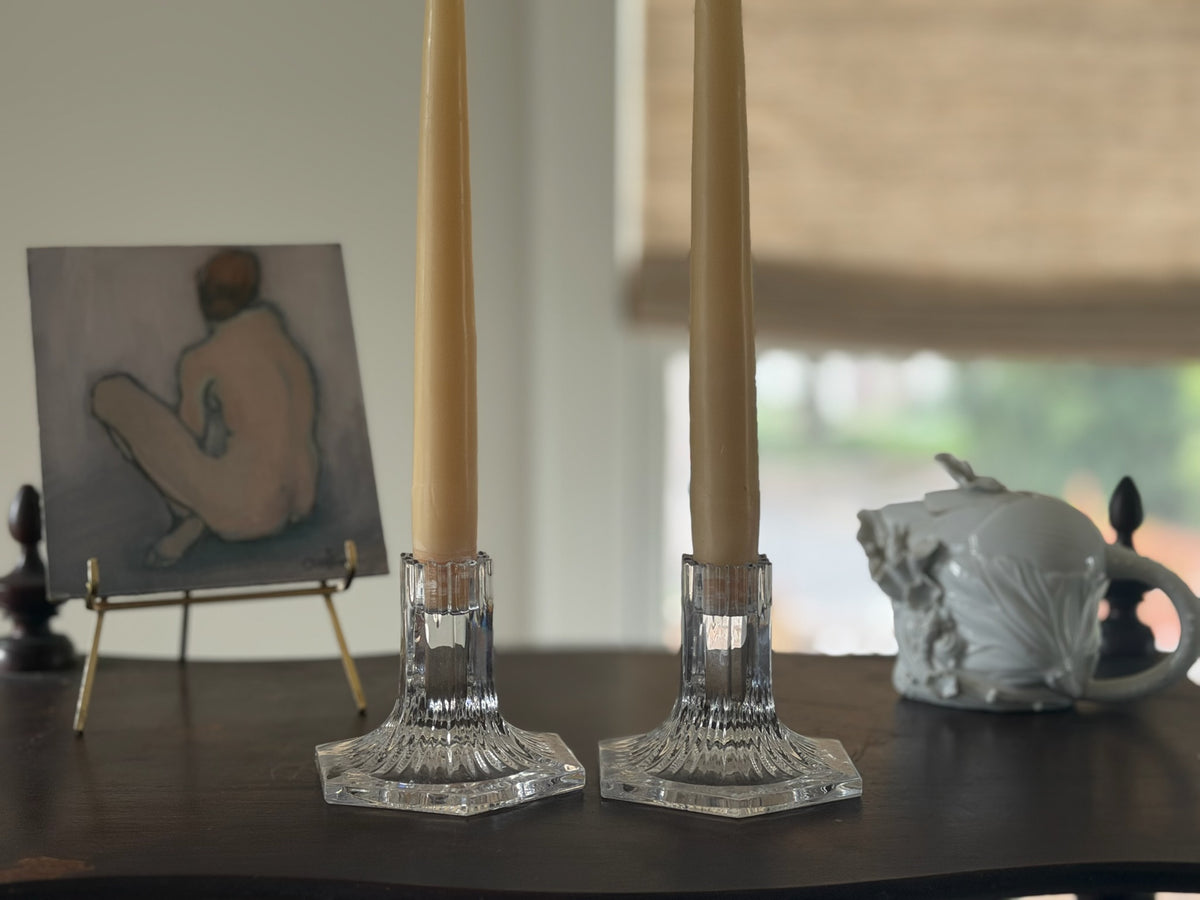 Vintage Pair of Tiffany & Co. Louis Comfort Tiffany Collection Crystal Hexagon Candlestick Holders - 1992