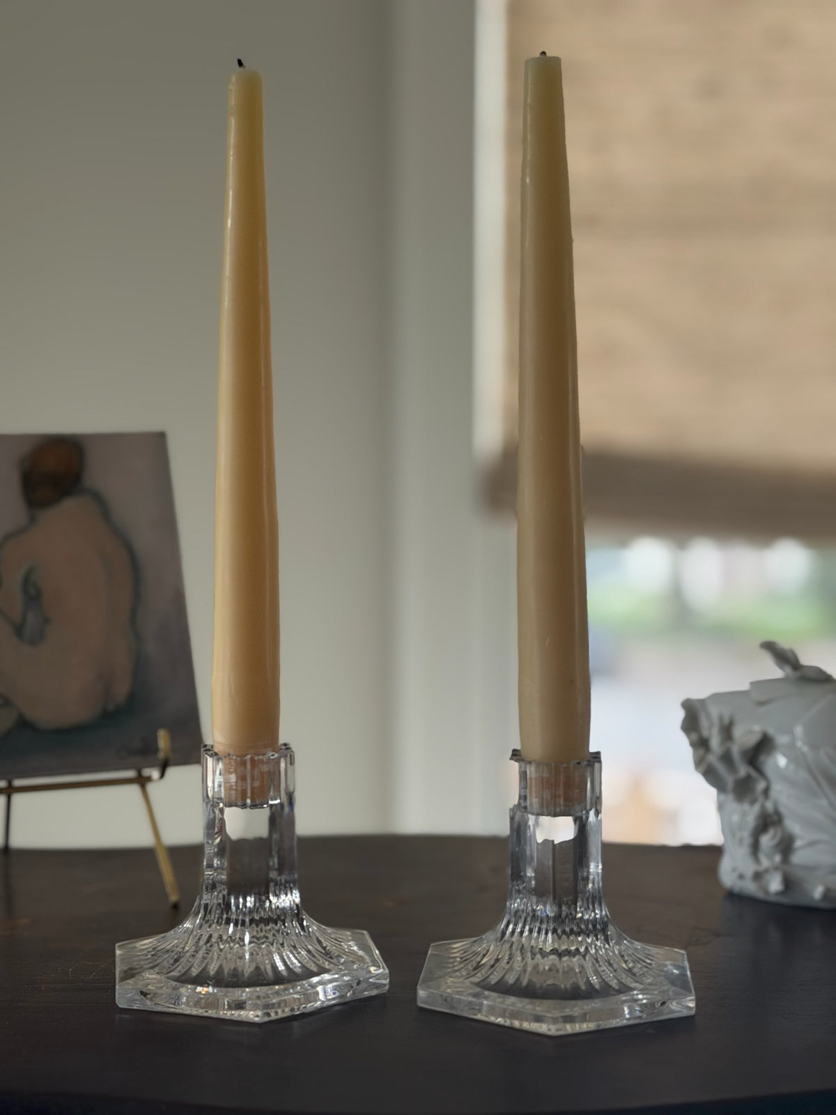 Vintage Pair of Tiffany & Co. Louis Comfort Tiffany Collection Crystal Hexagon Candlestick Holders - 1992