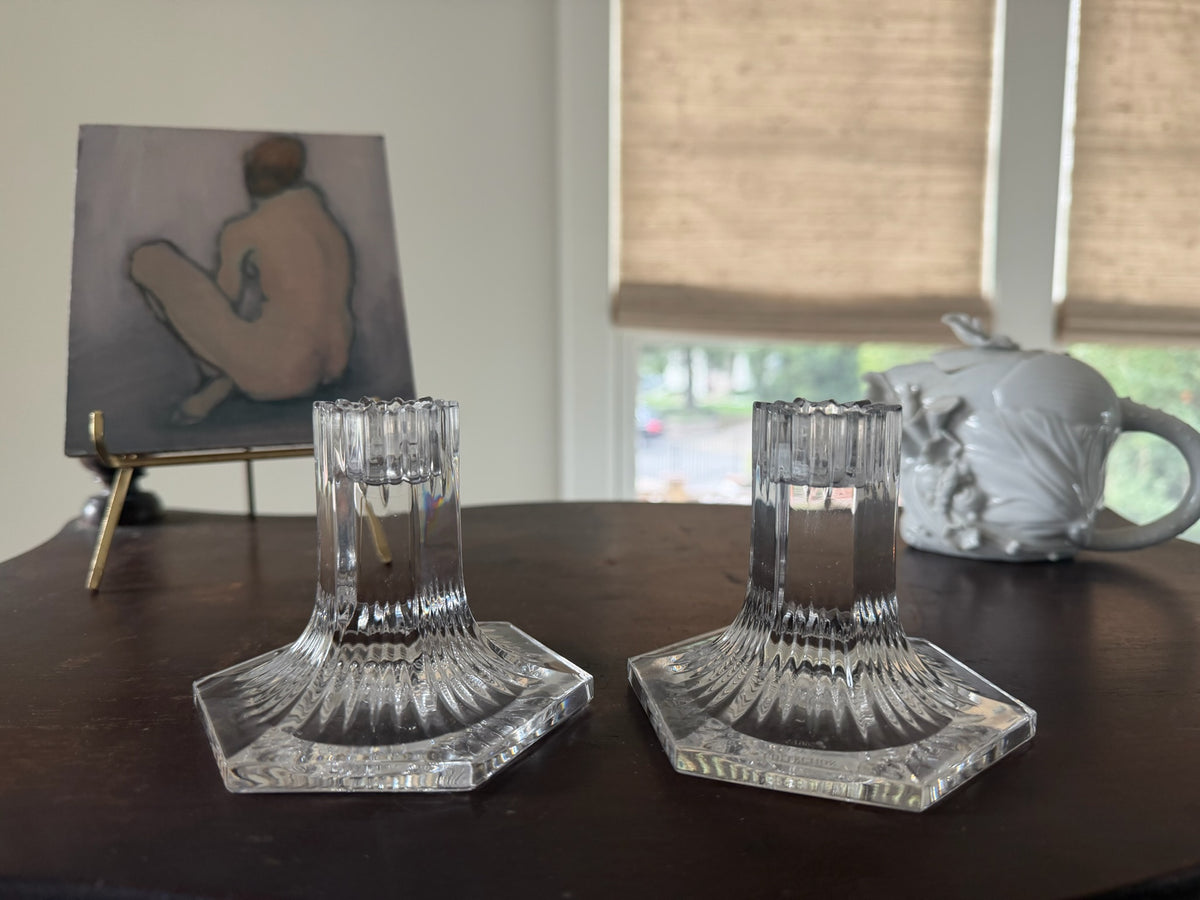 Vintage Pair of Tiffany & Co. Louis Comfort Tiffany Collection Crystal Hexagon Candlestick Holders - 1992