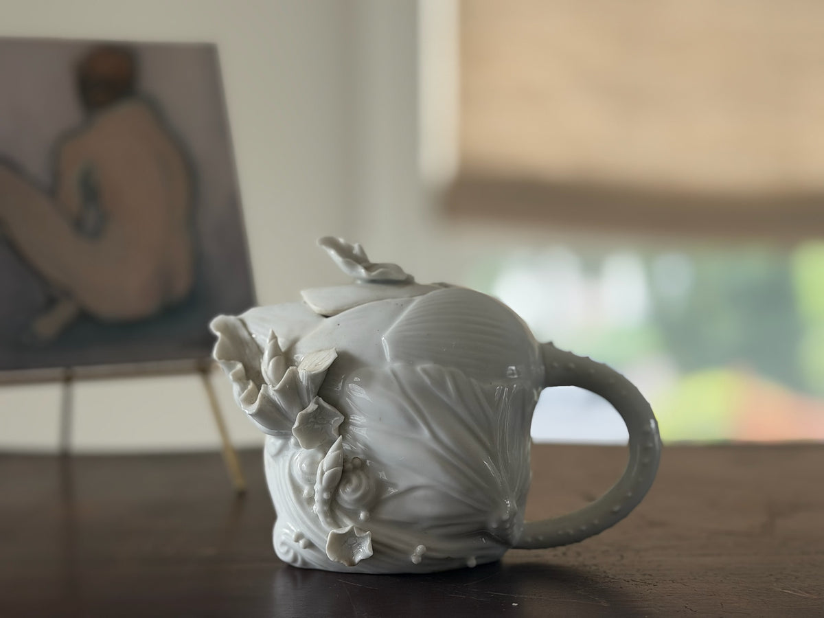 Vintage Miniature White Porcelain Teapot – Ornate Rococo Botanic Style Accent Piece, Mid-Century 4" Collectible