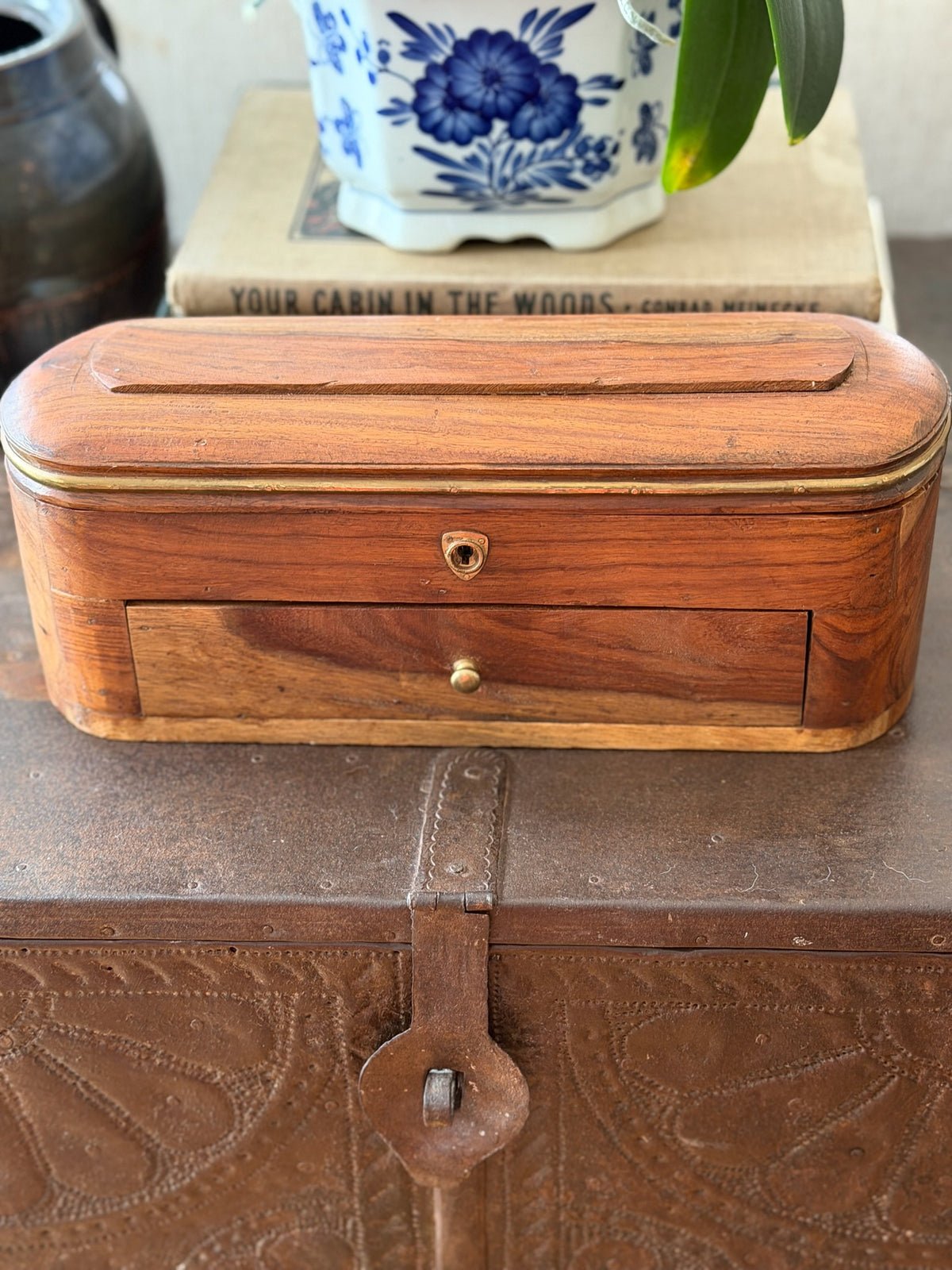 Antique Style Curved Hardwood Valet / Stationery Box – Reproduction Victorian Capsule Box with Lower Drawer