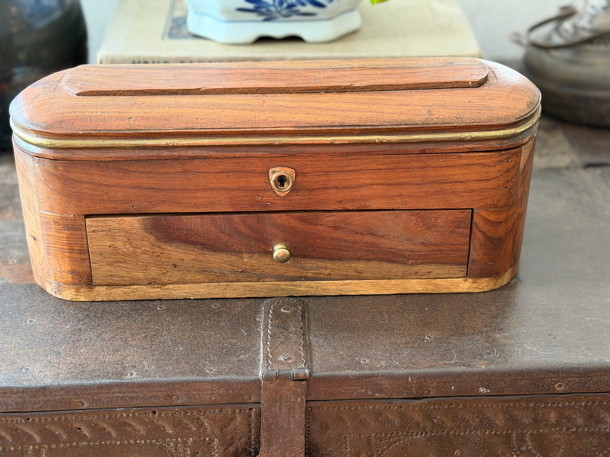 Antique Style Curved Hardwood Valet / Stationery Box – Reproduction Victorian Capsule Box with Lower Drawer
