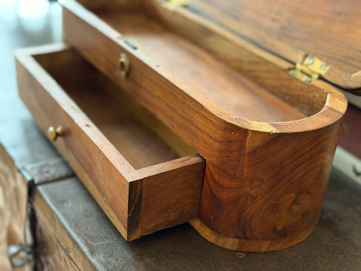 Antique Style Curved Hardwood Valet / Stationery Box – Reproduction Victorian Capsule Box with Lower Drawer