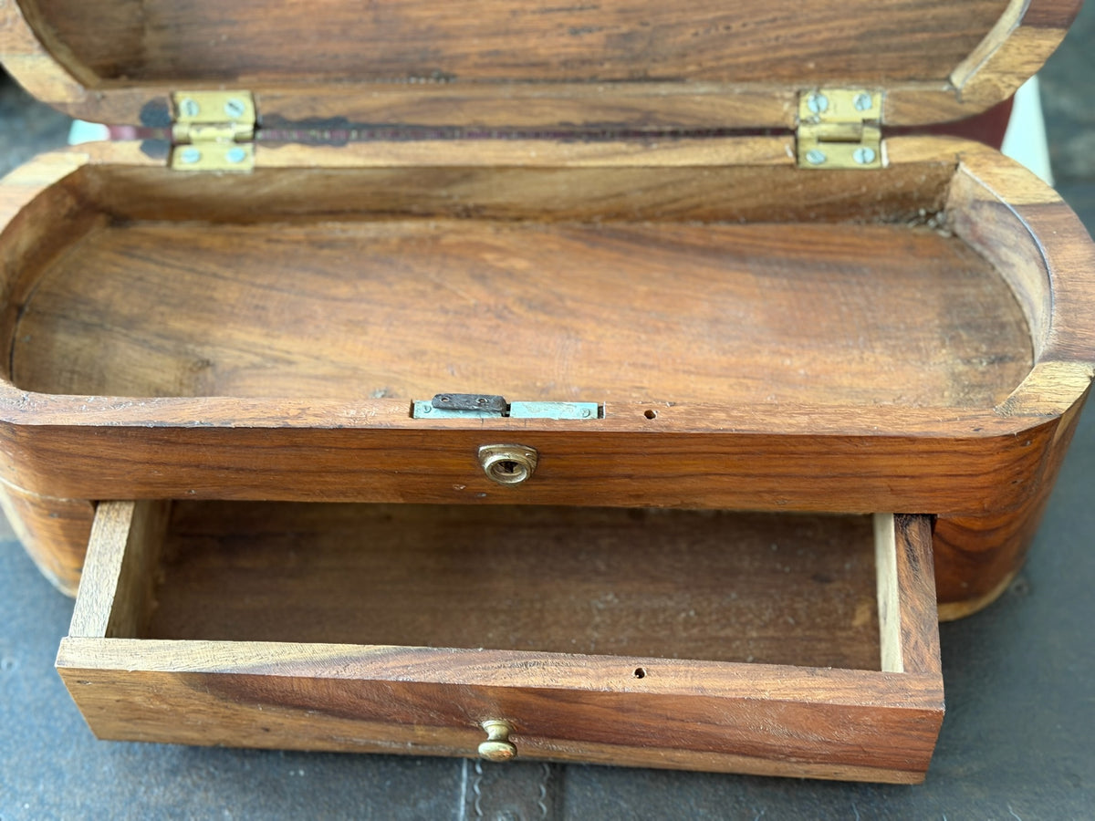 Antique Style Curved Hardwood Valet / Stationery Box – Reproduction Victorian Capsule Box with Lower Drawer