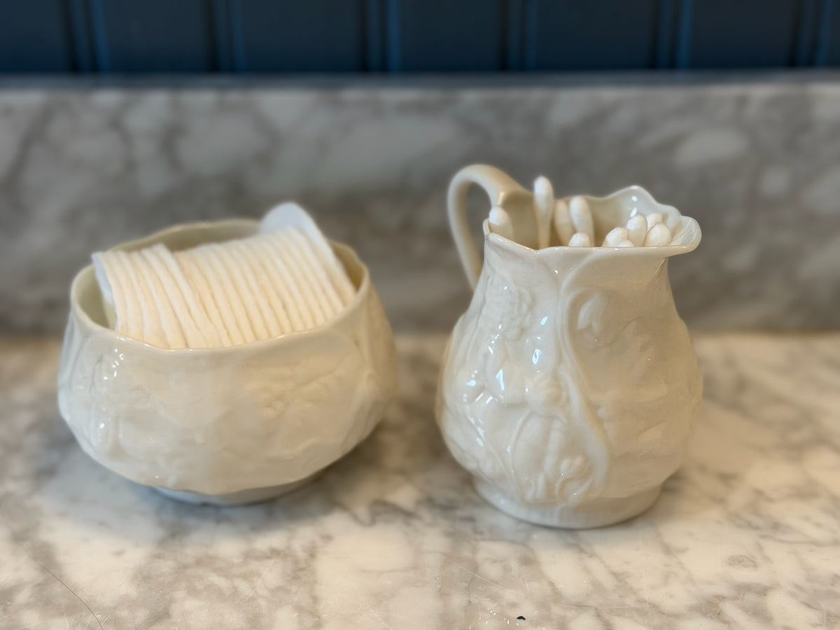 Vintage Belleek Irish Porcelain Lotus Pattern Creamer & Sugar Bowl Set Circa 1955-1965