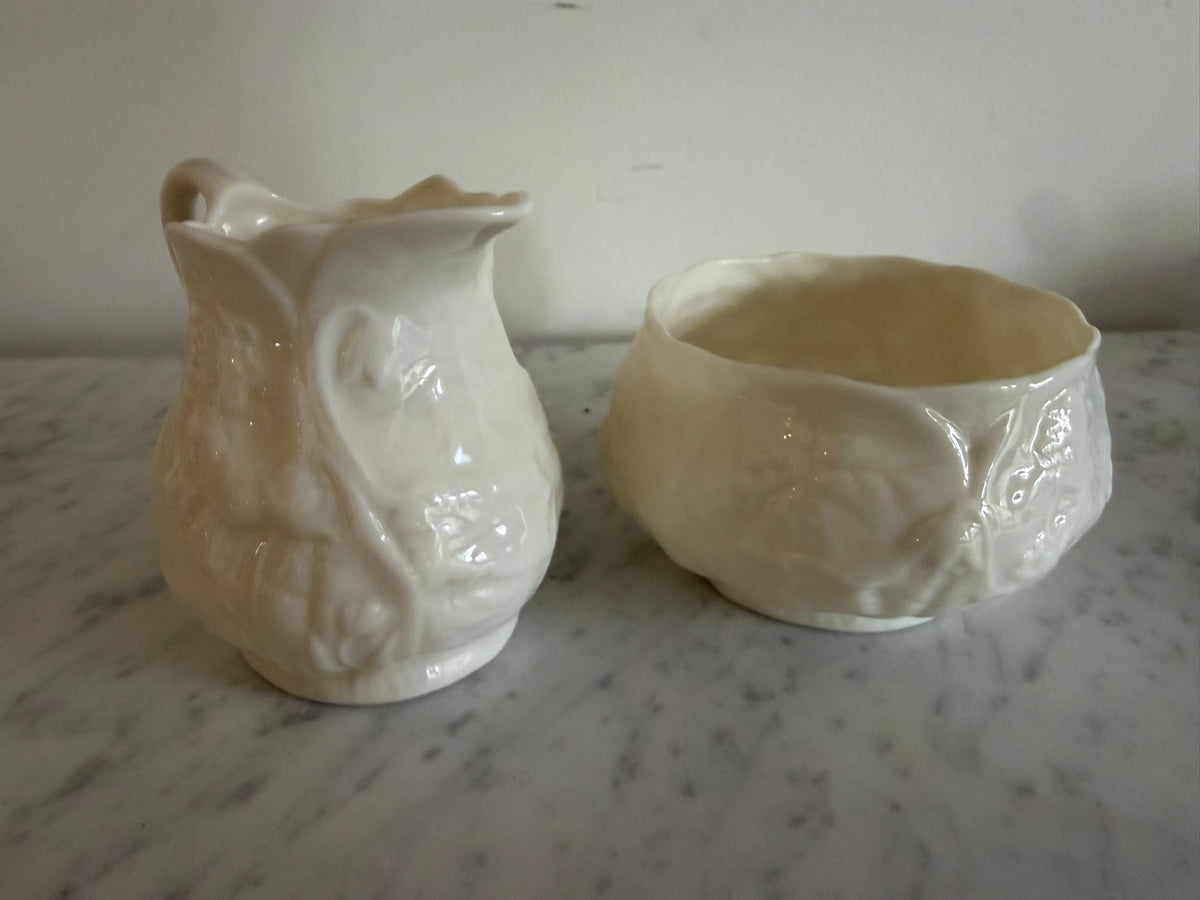 Vintage Belleek Irish Porcelain Lotus Pattern Creamer & Sugar Bowl Set Circa 1955-1965