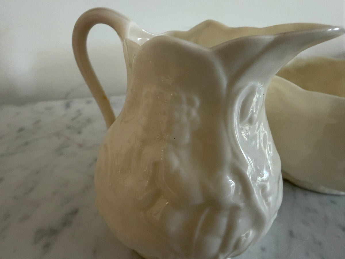 Vintage Belleek Irish Porcelain Lotus Pattern Creamer & Sugar Bowl Set Circa 1955-1965