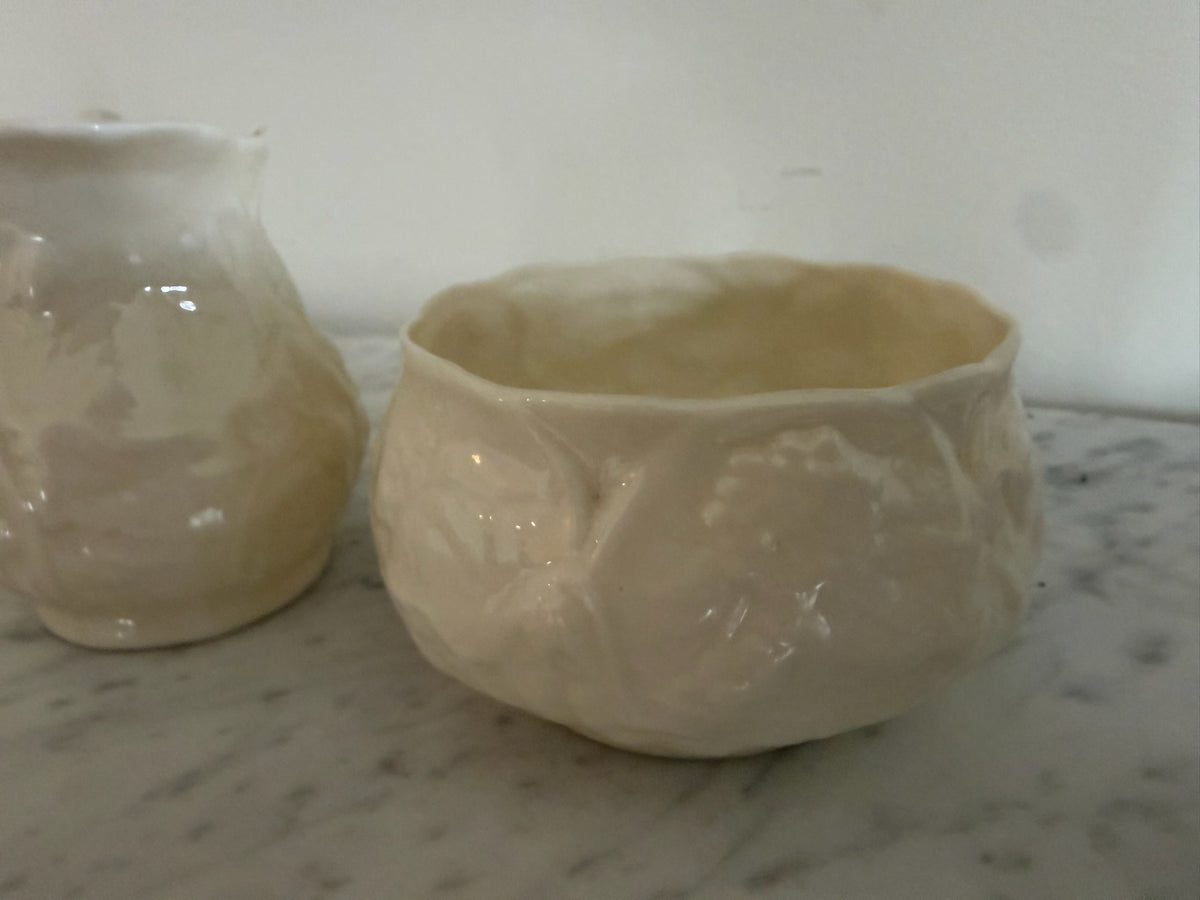 Vintage Belleek Irish Porcelain Lotus Pattern Creamer & Sugar Bowl Set Circa 1955-1965