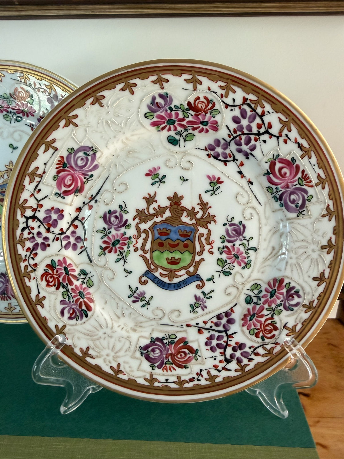 Pair of 19th Century Edme Samson French Armorial Porcelain Plates ("Confido")