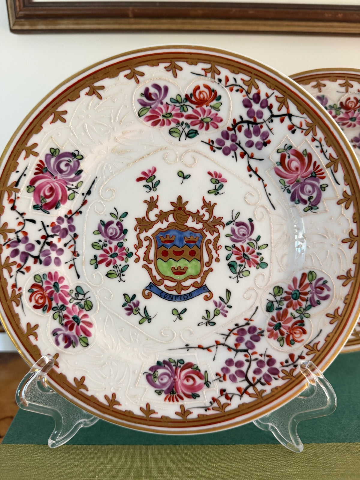 Pair of 19th Century Edme Samson French Armorial Porcelain Plates ("Confido")