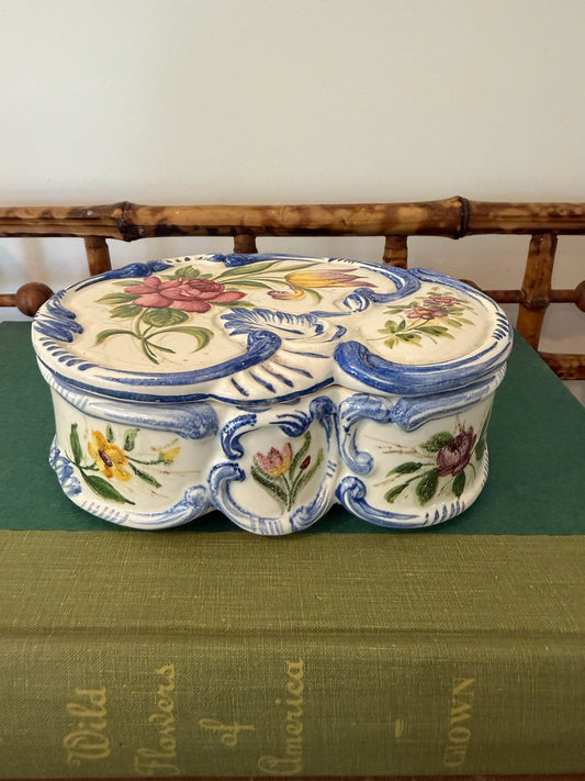 Vintage Italian Majolica Lidded Trinket Box - Hand Painted Floral with Blue Scroll Relic - Made in Italy