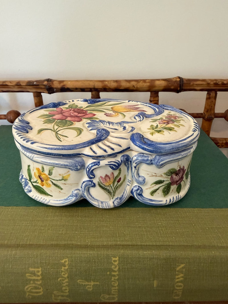 Vintage Italian Majolica Lidded Trinket Box - Hand Painted Floral with Blue Scroll Relic - Made in Italy