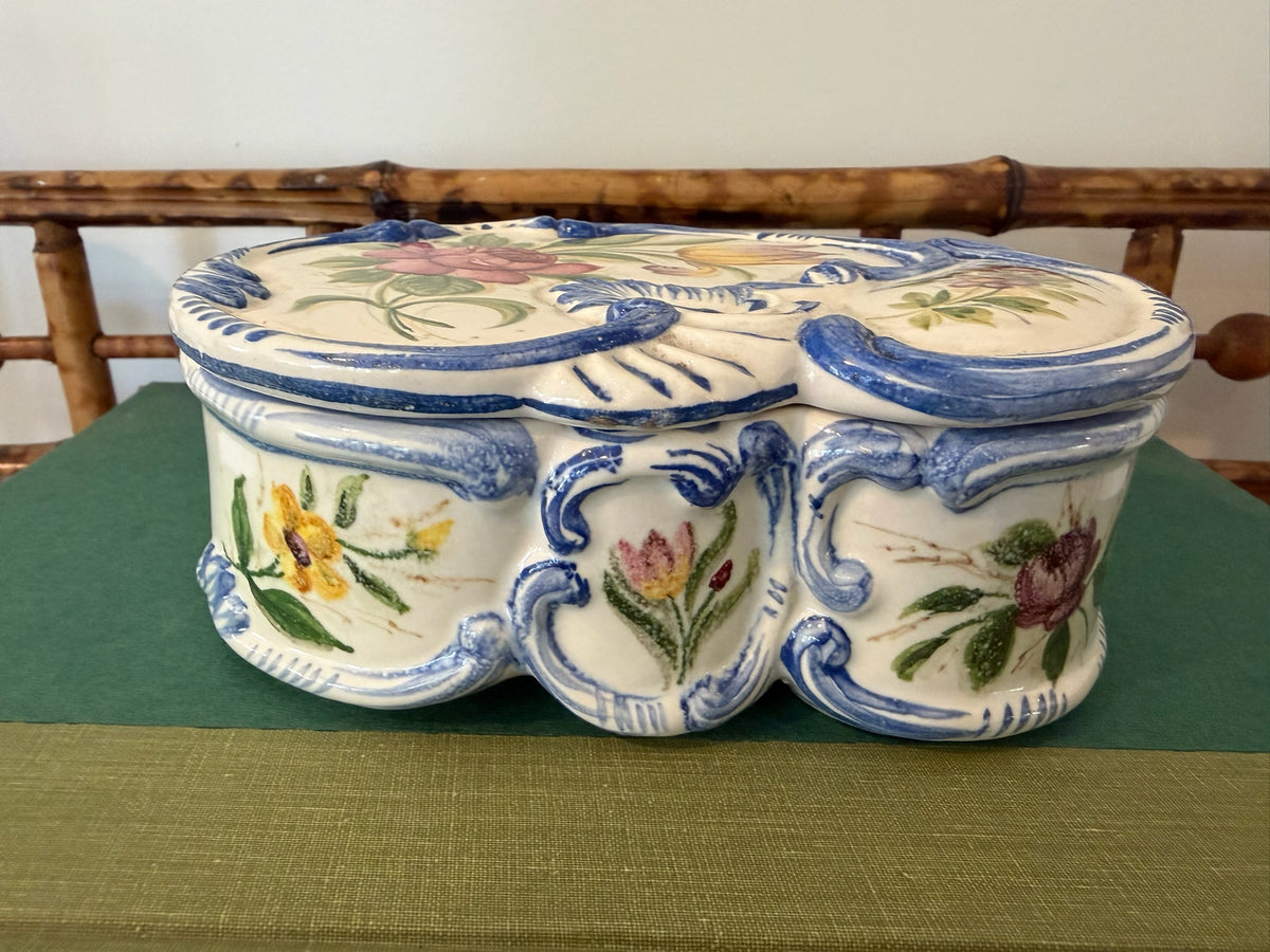 Vintage Italian Majolica Lidded Trinket Box - Hand Painted Floral with Blue Scroll Relic - Made in Italy