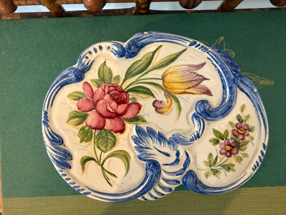 Vintage Italian Majolica Lidded Trinket Box - Hand Painted Floral with Blue Scroll Relic - Made in Italy