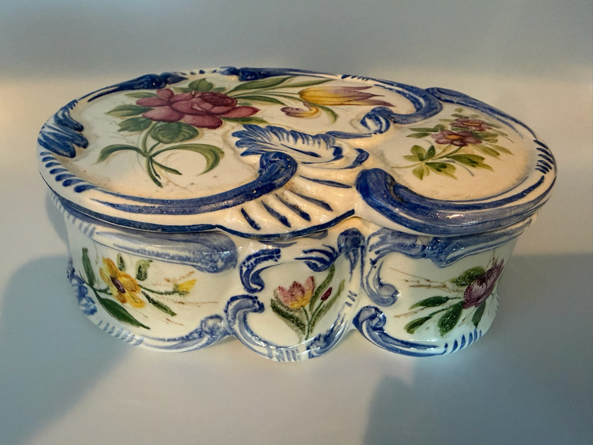 Vintage Italian Majolica Lidded Trinket Box - Hand Painted Floral with Blue Scroll Relic - Made in Italy