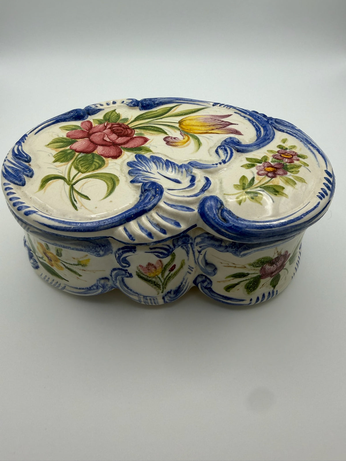 Vintage Italian Majolica Lidded Trinket Box - Hand Painted Floral with Blue Scroll Relic - Made in Italy