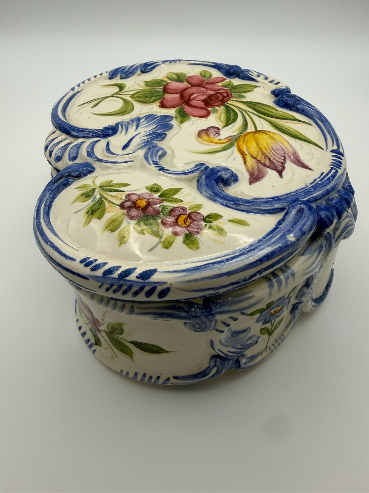 Vintage Italian Majolica Lidded Trinket Box - Hand Painted Floral with Blue Scroll Relic - Made in Italy