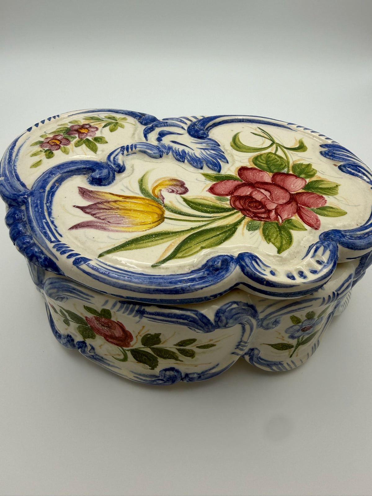 Vintage Italian Majolica Lidded Trinket Box - Hand Painted Floral with Blue Scroll Relic - Made in Italy