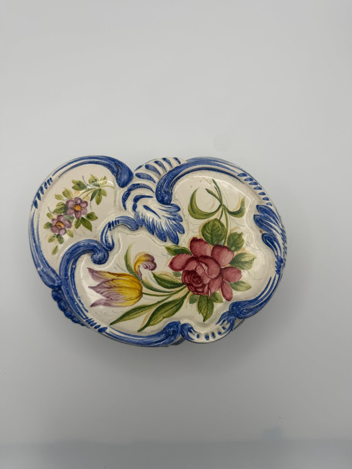 Vintage Italian Majolica Lidded Trinket Box - Hand Painted Floral with Blue Scroll Relic - Made in Italy