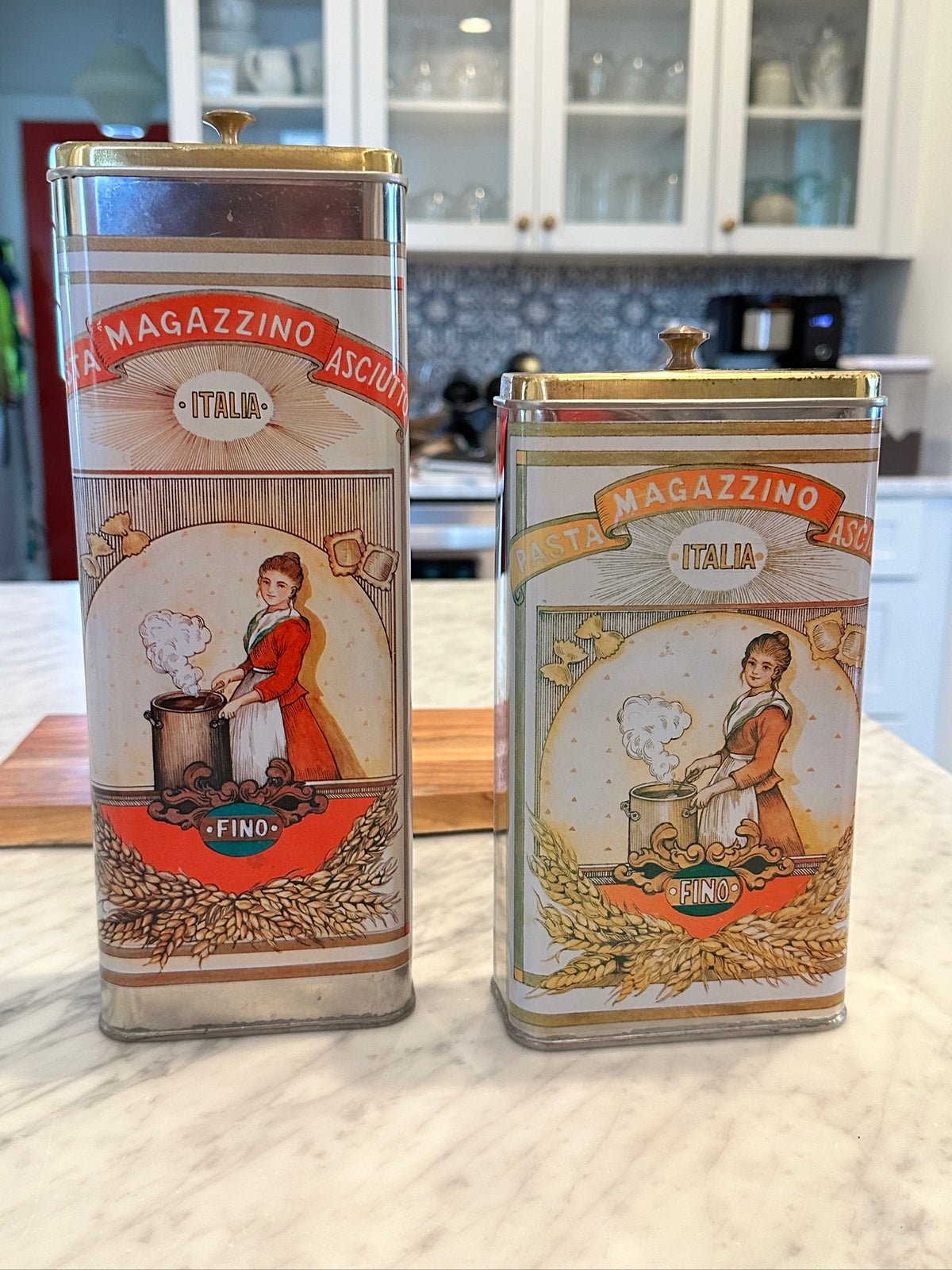 VTG 1986 Magazzino Italia Pasta Tin Canister Set 2 AMCO Spaghetti Storage Retro