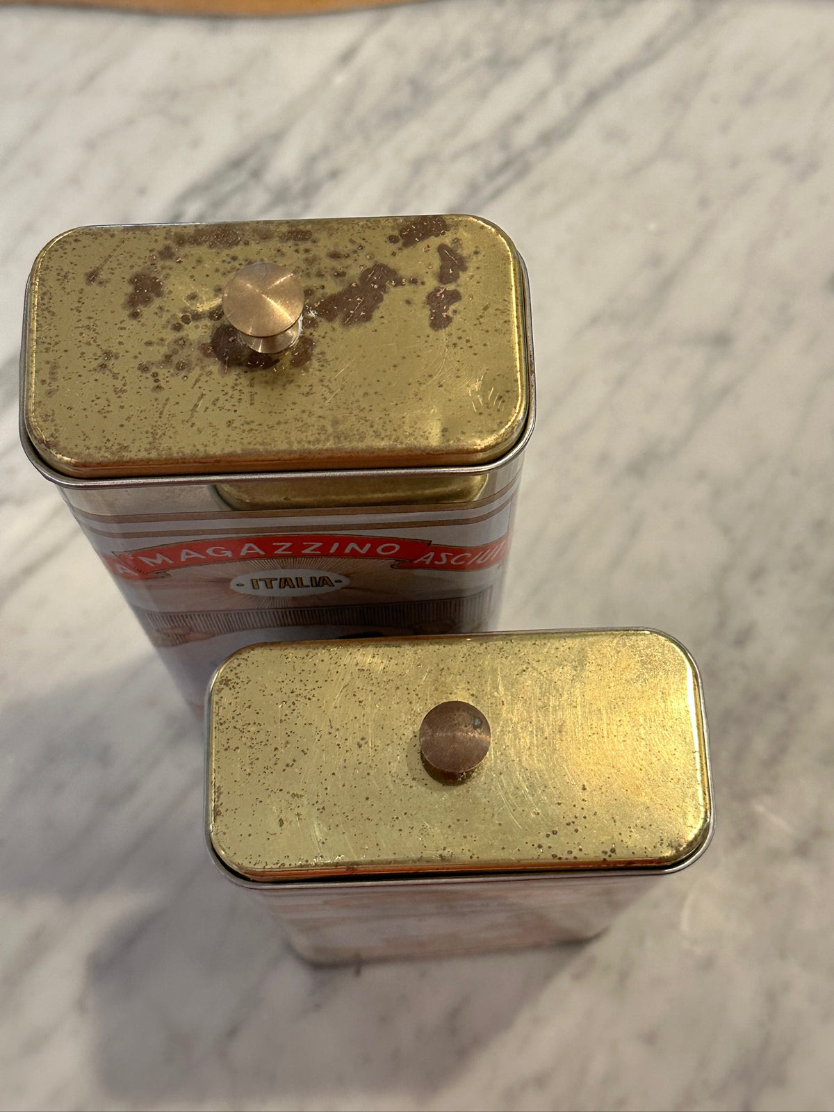VTG 1986 Magazzino Italia Pasta Tin Canister Set 2 AMCO Spaghetti Storage Retro